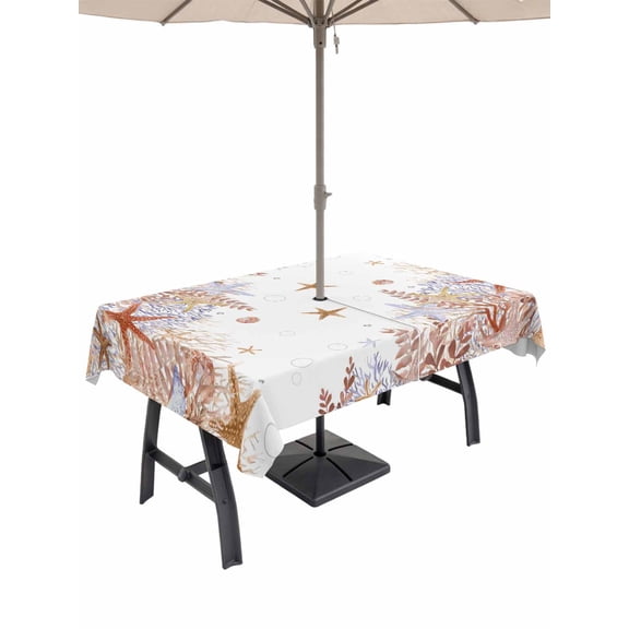 Outdoor Tablecloth with Umbrella Hole for Patio/Picnic/Party/Camping, Orange Coastal Waterproof Table Cloth Rectangle Table Cover Washable, Beach Nautical Coral Starfish Summer (52"x 70")