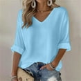 thumbnail image 2 of Breezora Women Casual V Neck Long Sleeve Tshirts Basic Tee Tops 2025 Fall Trendy Three Quarter Sleeve XL Size Sky Blue, 2 of 6