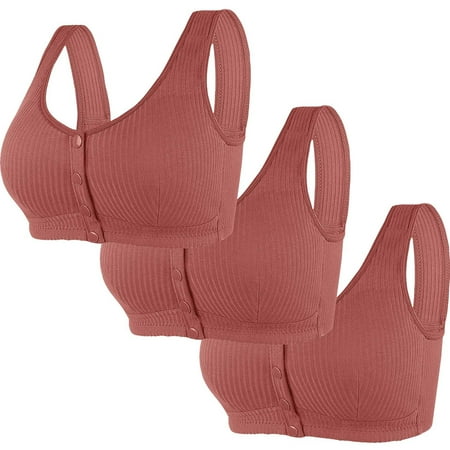REORIAFEE Wireless Bras for Women 3 Pack Front Closure Gathered Together No Wire Bras Striped Brassiere Wide Strap Breathable Corset Underwear Comfortable Classic Support Lingerie Brown XL42/95