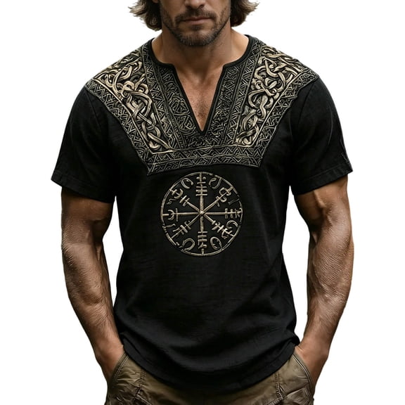 Bibifish Mens T-Shirt Graphic Viking Print V Neck Short Sleeve Tee Norse Mythology Casual Streetwear Top