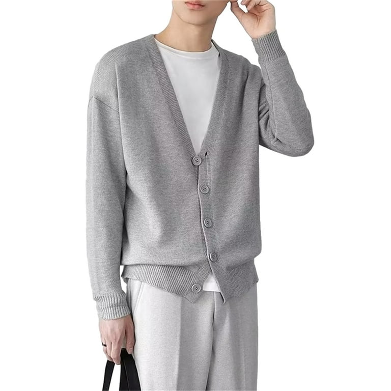 Mens Cable Knit Cardigan Sweater V-neck Loose Fit Long Sleeve