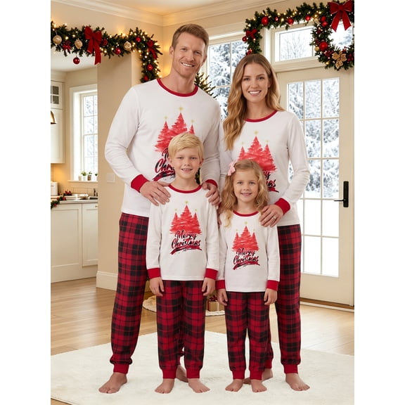 Matching Christmas Pajamas for Family Long Sleeve Tops Plaid Pants Set
