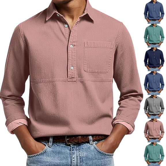 Men's Long Sleeve Polos Shirts Solid Color Rayon Collar Button Pocket Hyperline Shirt for Daily Work Wear