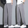 thumbnail image 3 of Men Pants Mid-Rise Elastic Waistband Sweatpants Drawstring Pocket Wide Leg Ribbed Ultra-Thin Ice Silk Casual Trousers Streetwear, 3 of 5