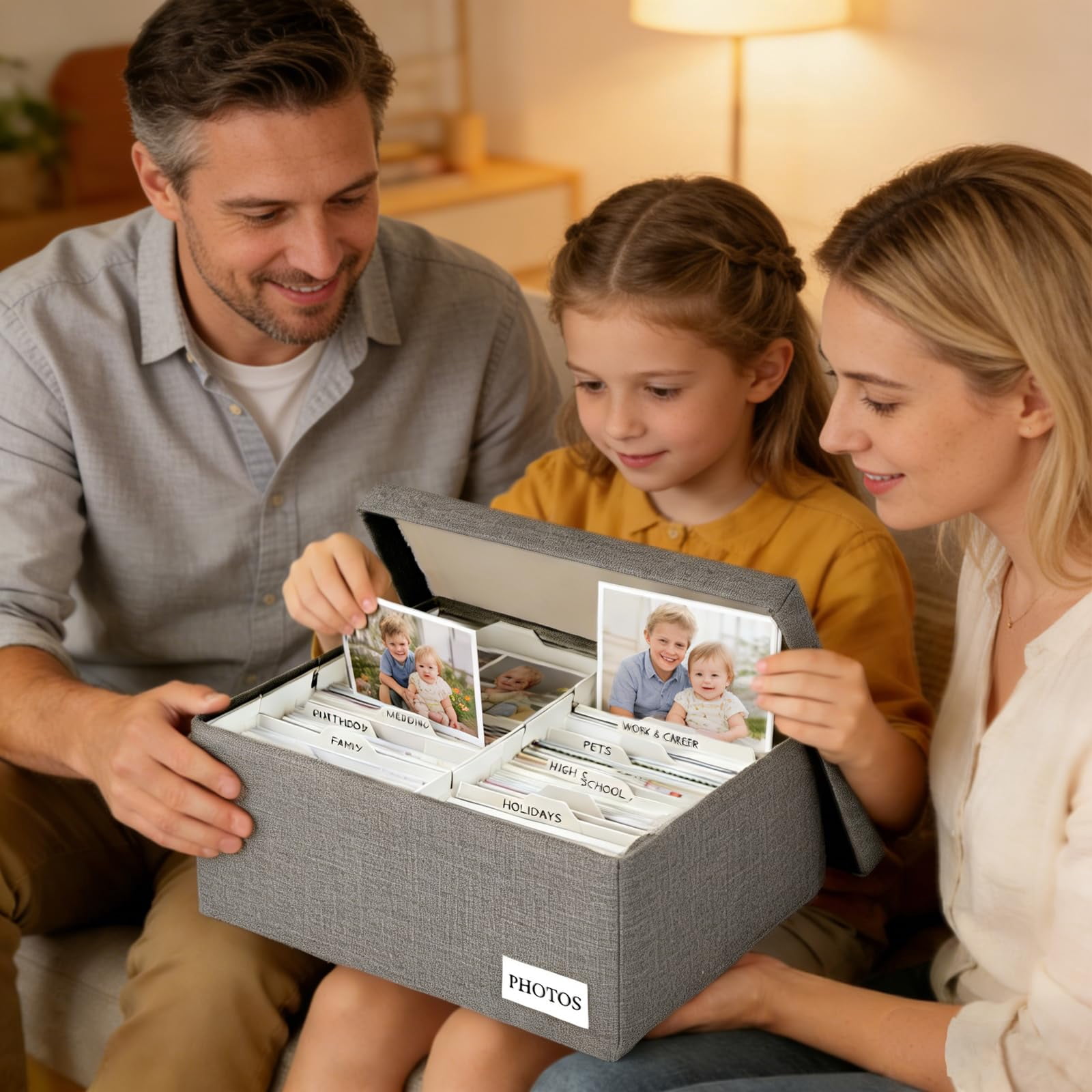 Grey 5*7 Inch Linen Photo Storage Box with Dividers