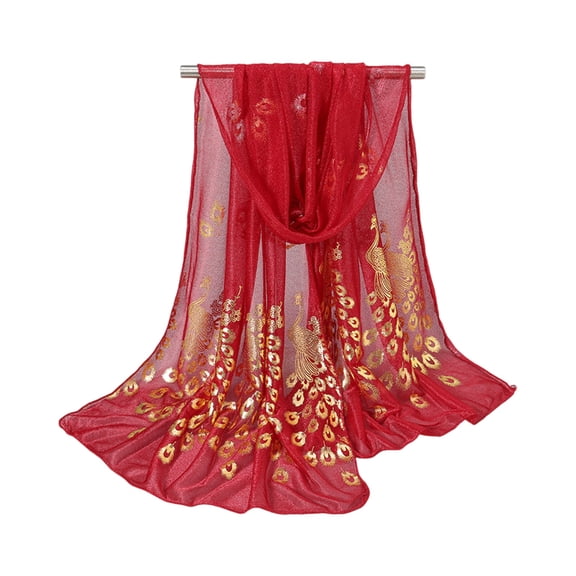 Women's Peacock Feather Printed Long Scarf Lightweight Thin Head Wrap Shawl Scarf Wine One Size