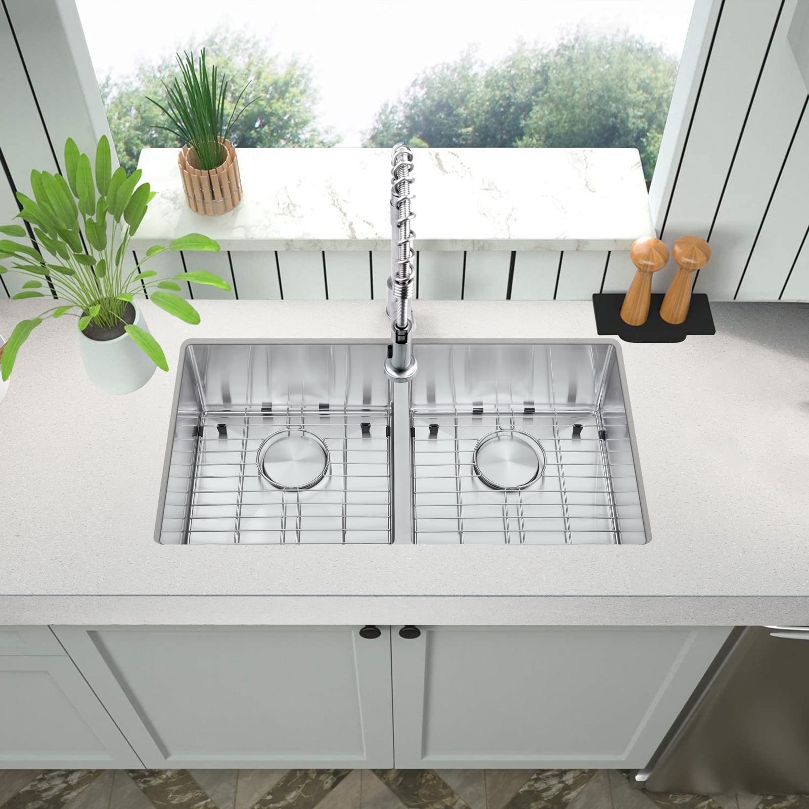 32" Undermount 50/50 Double Bowl Kitchen Sink and Pull-down Faucet Combo with Drain Assembly with Strainer, Protective Bottom Grid, All in One