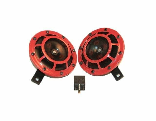 Hella Horn Set Super Tone Dual Tone Genuine 12V Red Grill 500/300HZ + Relay