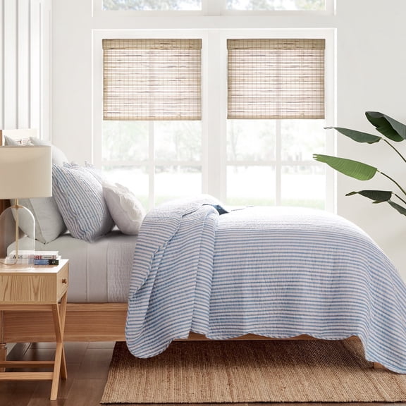 Levtex Home Martha Stripe Taupe Reversible Twin XL / Twin Quilt Set (68x86in) with 1 Pillow Sham (26x20in) - Stripe Bedding - Taupe, White - Cotton Twin Size Quilt Bedding Set - Scalloped Edge