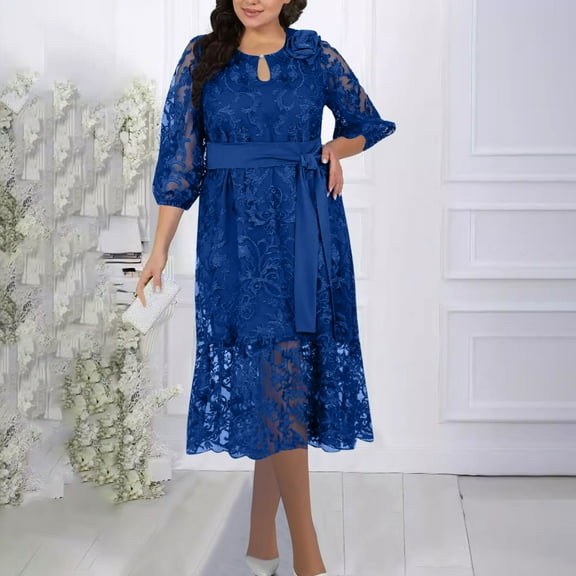 Ayolanni Plus Size Cotton Dresses for Women 2025 Blue V-Neck Long Sleeve Solid Midi Dresses Casual Dresses for Ladies L