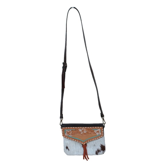 Women Western Floral Tooled Leather Hair-On Hide Shoulder Purse Hand bag 27FK05