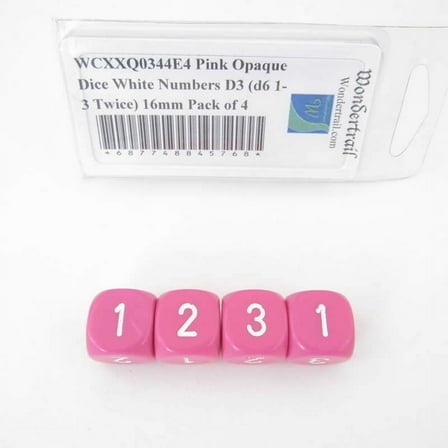 Pink Opaque Dice with White Numbers D3 (d6 1-3 Twice) 16mm (5/8in) Pack of 4 Wondertrail