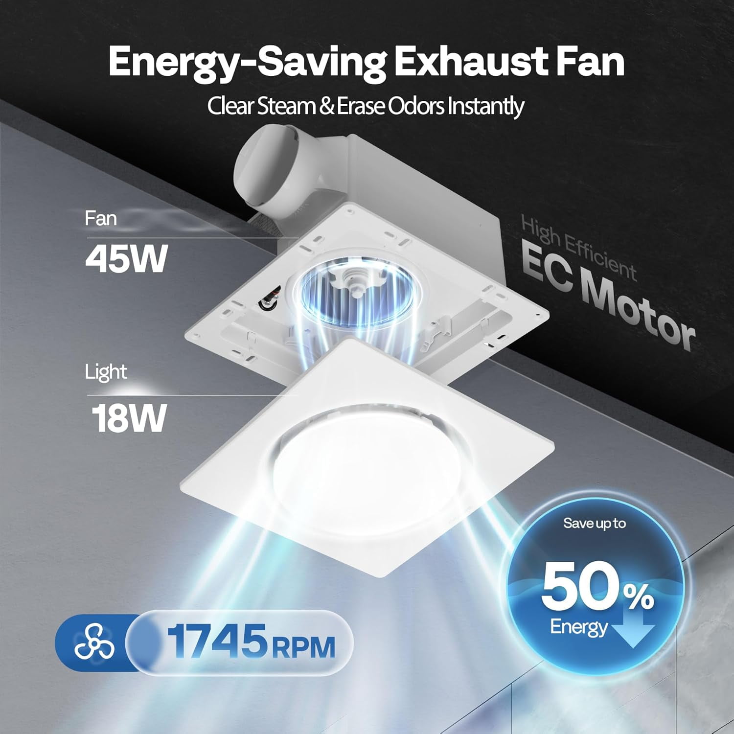 AutoFlow Bathroom Exhaust Fan with Light & Humidity Sensor (30-110-160CFM) - 3CCT Dimmable LED, Energy-Saving EC Motor, Dual Insulation, Constant Airflow, (Install Kit, 4-in Duct)