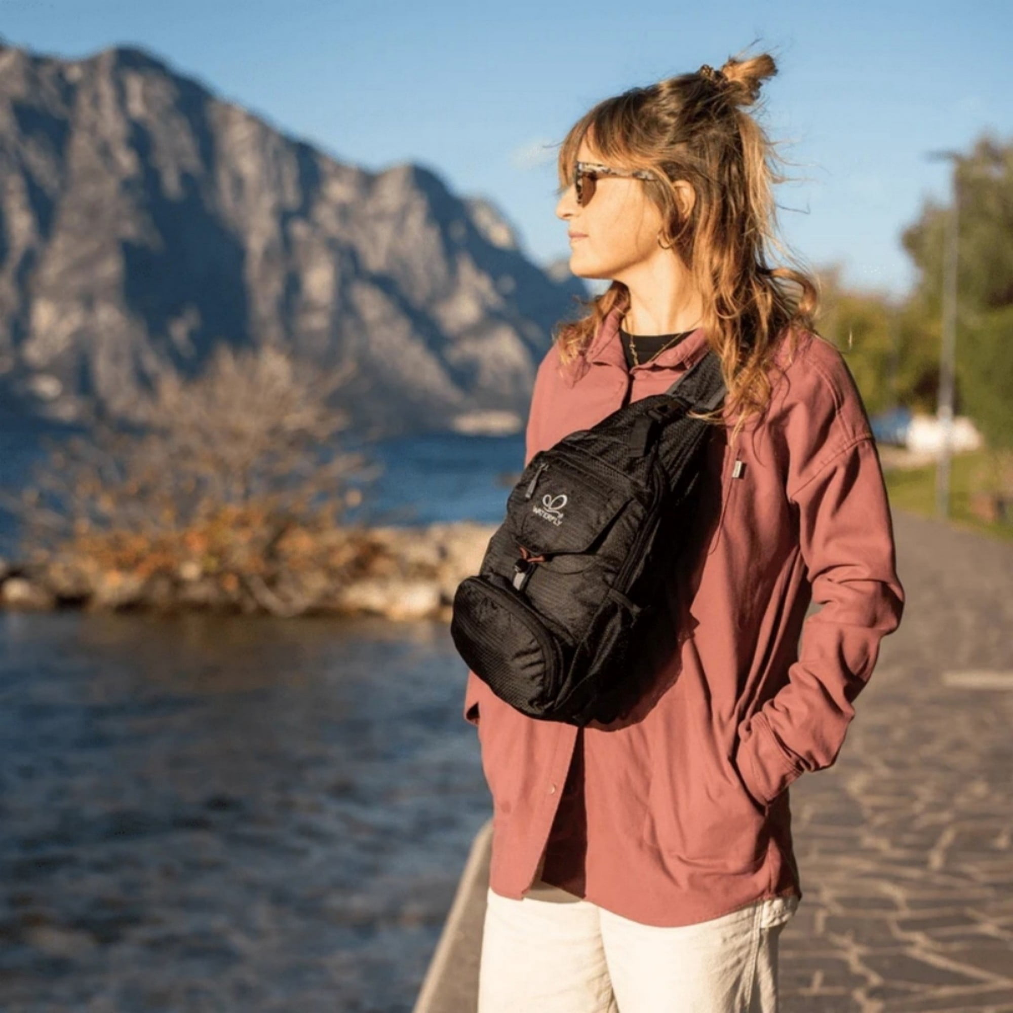 WATERFLY Unisex Small Packable Hiking Travel Sling Bag Cross-Body Shoulder Chest Bag,Black