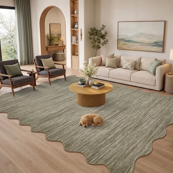 ZACOO 9'x12' Solid Scalloped Edge Area Rug, Machine Washable Ultra Thin Non Slip Carpet for Living Room Dining Room, Brown