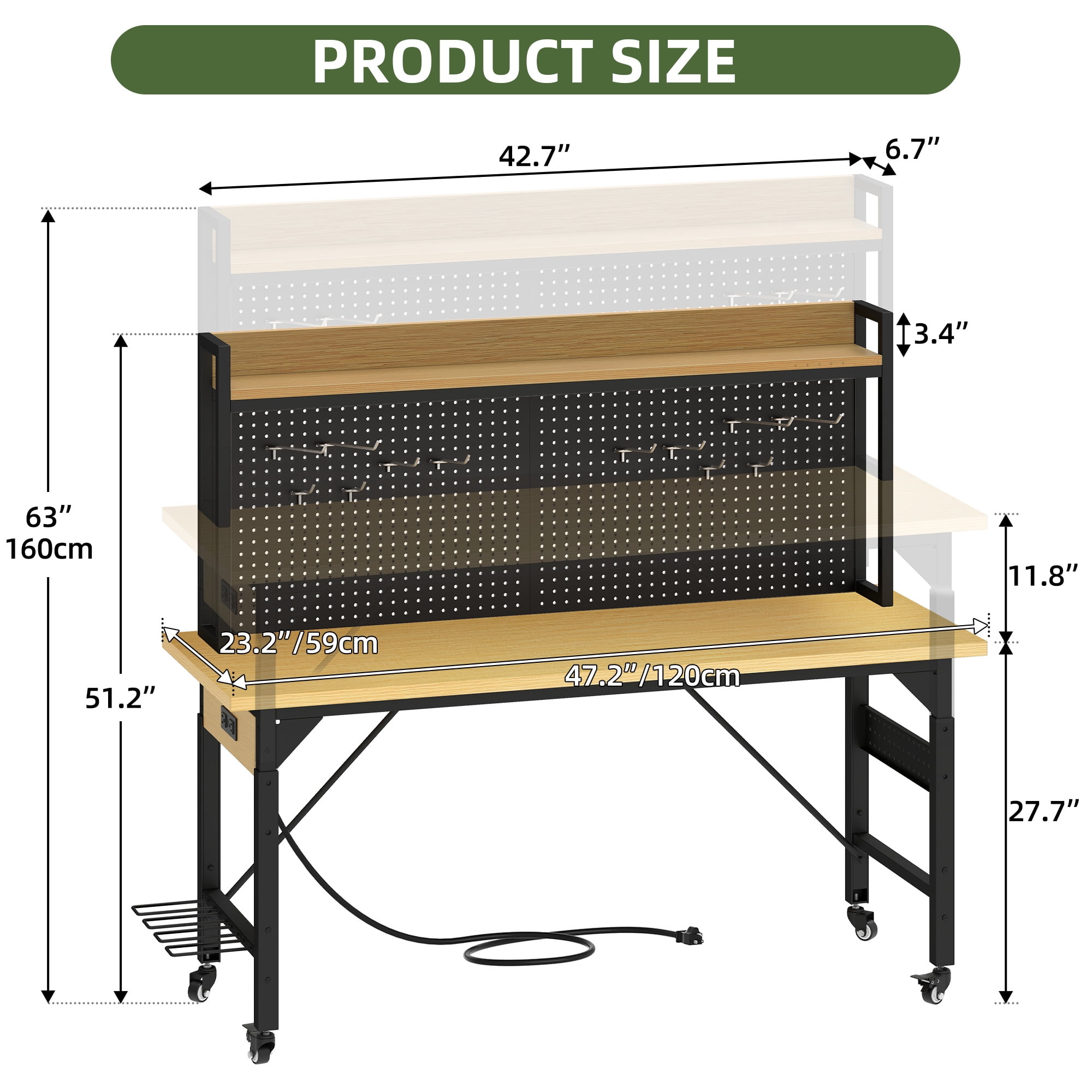 Uforic Multifunctional Workbench with Pegboard Worktable w/ Power Outlets and Wheels