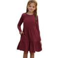thumbnail image 1 of Odeerbi Niñas de Manga Larga Vestido de Punto de Canalé Niños Color Sólido Cuello Redondo Vestido de Princesa Con Bolsillo, 1 of 9