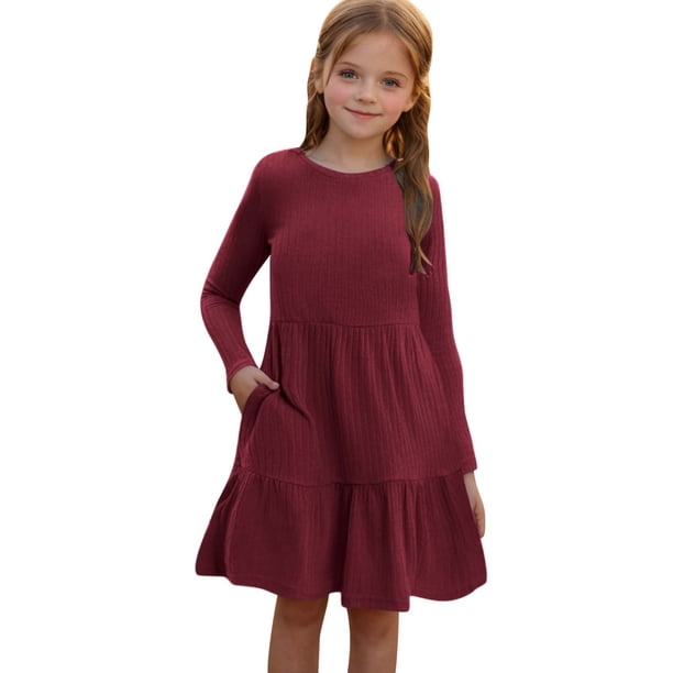 Odeerbi Niñas de Manga Larga Vestido de Punto de Canalé Niños Color Sólido Cuello Redondo Vestido de Princesa Con Bolsillo