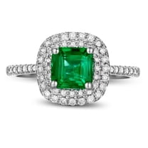 2.25 Carat Green Emerald 6mm Princess Cut Moissanite Diamond Double Halo Engagement Ring in 10k White Gold