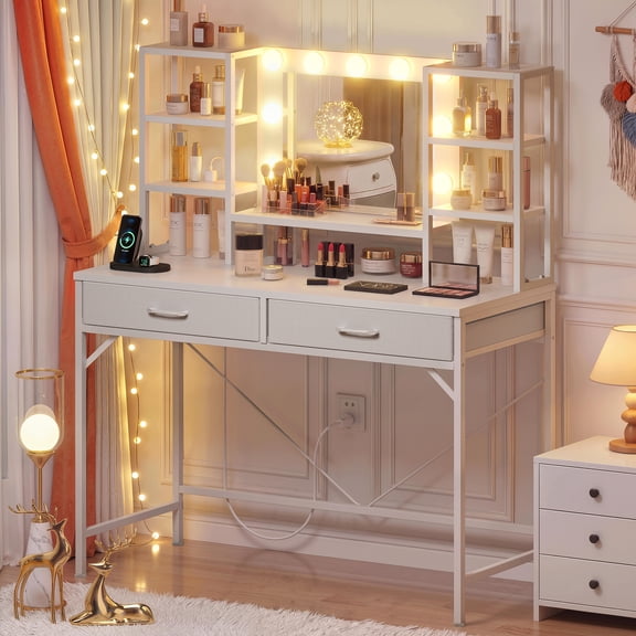 Vanity Desk with Mirror and Lights, Makeup Vanity with 2 Large Fabric Drawers and Storage Shelves, 3 Lighting Modes & Adjustable Brightness, Dressing Table for Bedroom, White