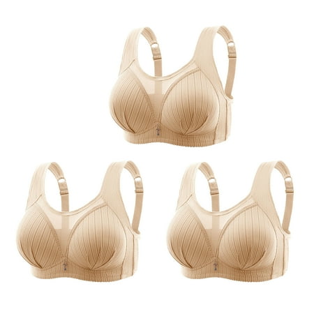 Crunowin Women s Plus Size Bra 3 Pack  Behind Buckle Wire Free Comfort Solid Color Breathable Lingerie Everyday Underwear Beige L