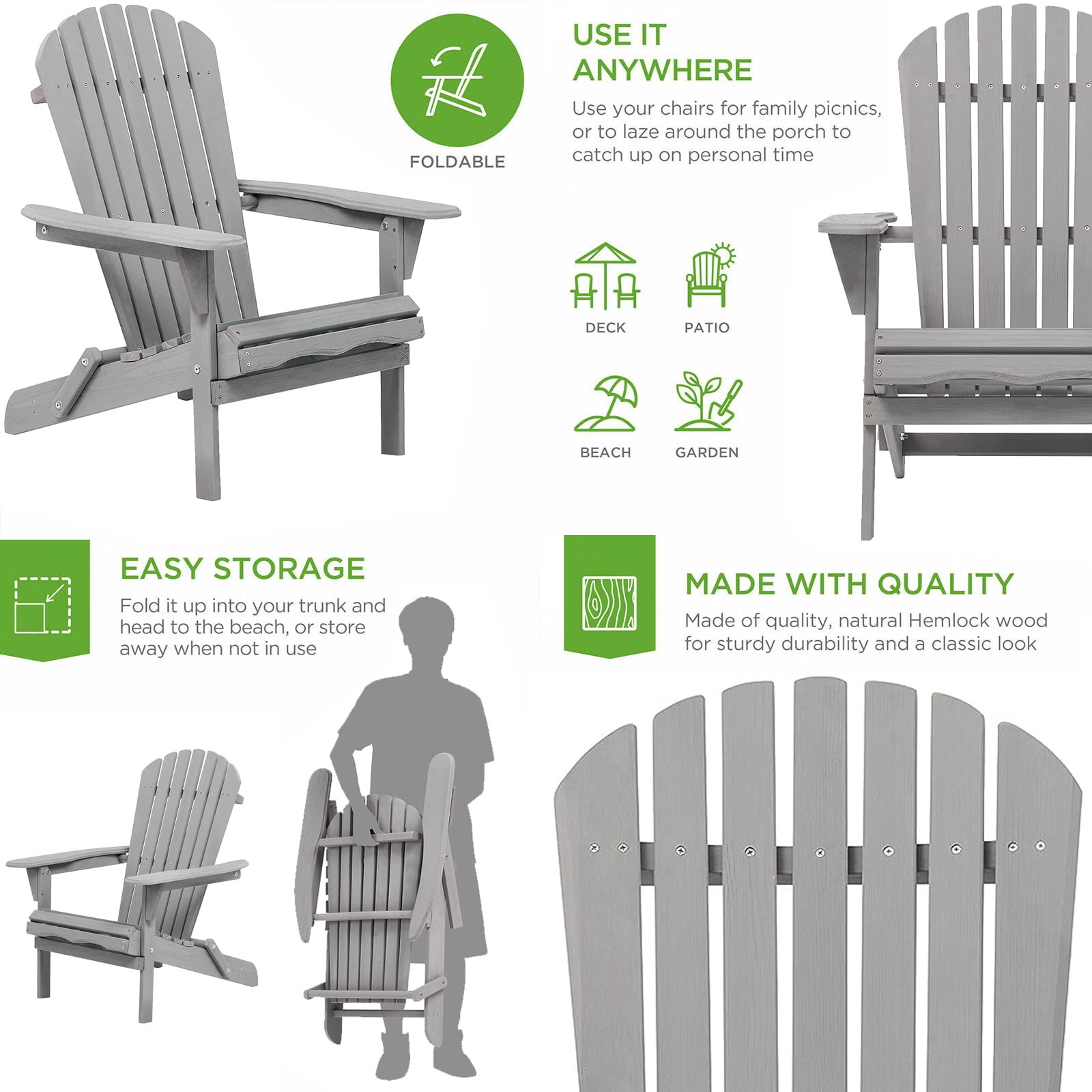 Glavbiku Folding Adirondack Chair Set of 4,Wood Lounge Chairs with High Backrest for Patio,Gray