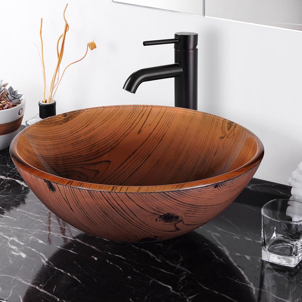 Aquaterior Tempered Glass Round Vessel Sink Wood Grain Pattern Above