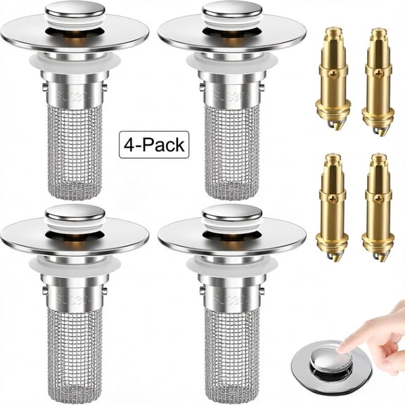 4-Pack Pop-Up Bathroom Sink Stopper with Stainless Steel Hair Catcher, Universal Drain Strainer & Strainer Basket for US Sinks & Showers