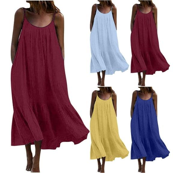 HAPIMO Summer Midi Cotton Loose Cami Dress for Women Sale Solid Color Vintage Sleeveless Boho Beach Fit Round Neck Sundress for Girls Elegant Casual Comfy Holiday Dark Blue L