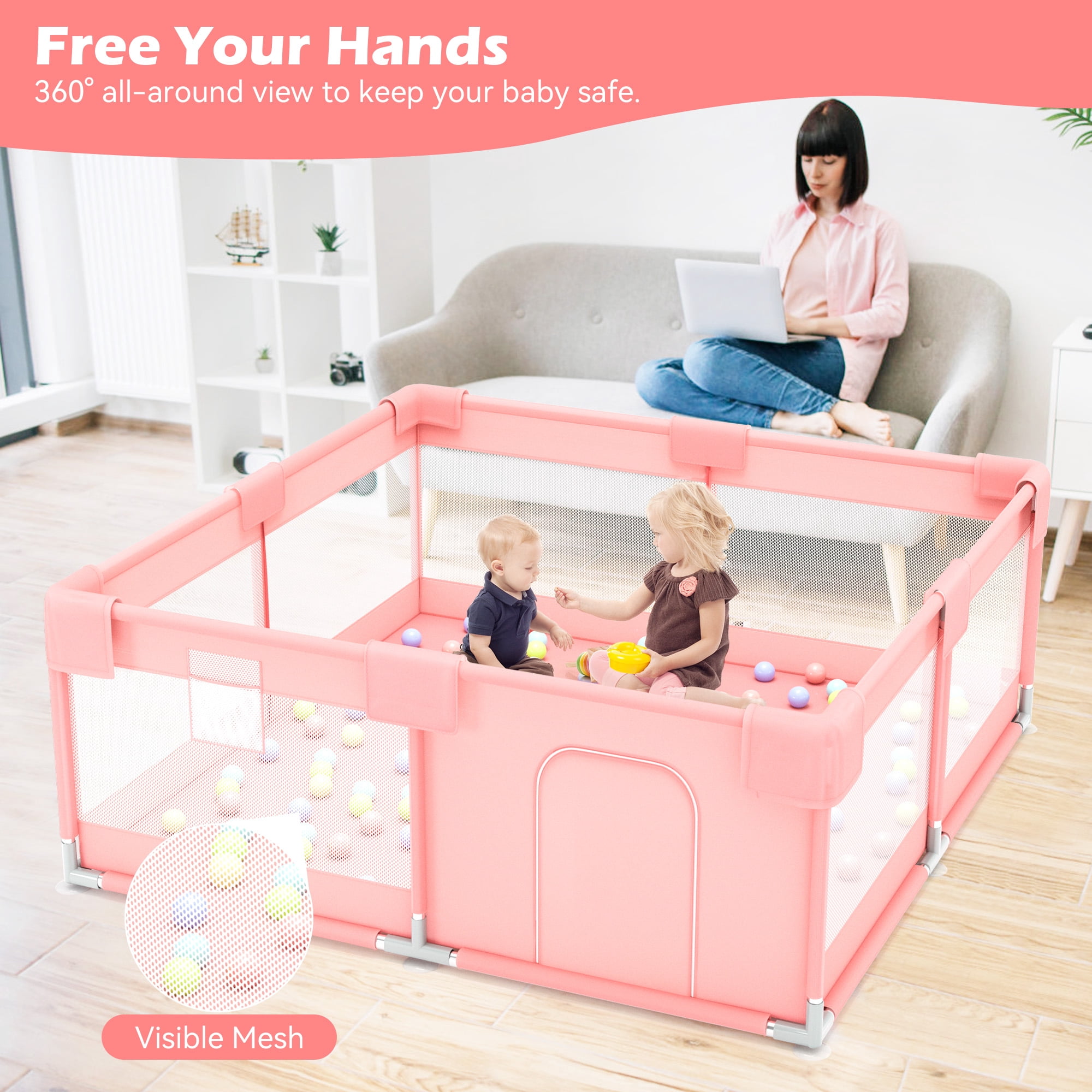 babyeap Baby Playpen,50x50 Inch Baby Playards for Babies and Toddlers,Fence Baby Play Yards for Indoor & Outdoor with Breathable Mesh,Pink