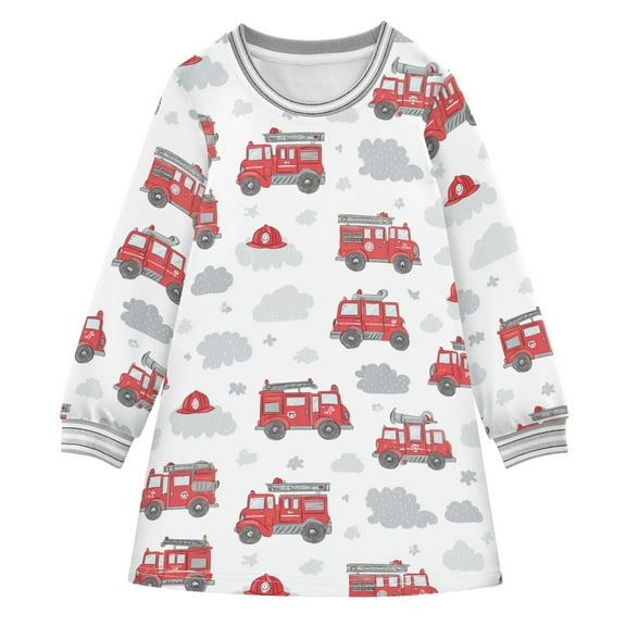 Girls' long-sleeved dress Red Fire Truck Girls' A-line dress with ribbed cuffs Soft and comfortable