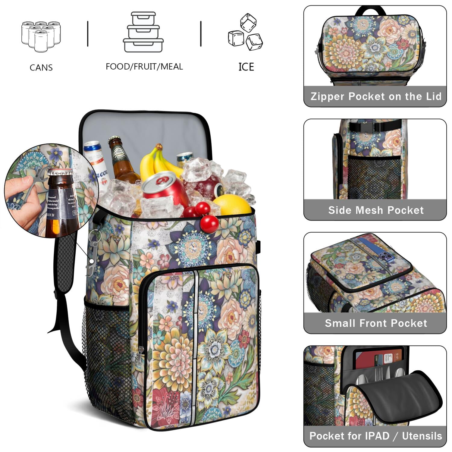 Travel Cooler Bag - Boho Bohemia Flower Camping Beer Cooler Backpack with Bottle Opener- Waterproof Insulated Picnic Backpacks - Cooler Bag for Beach