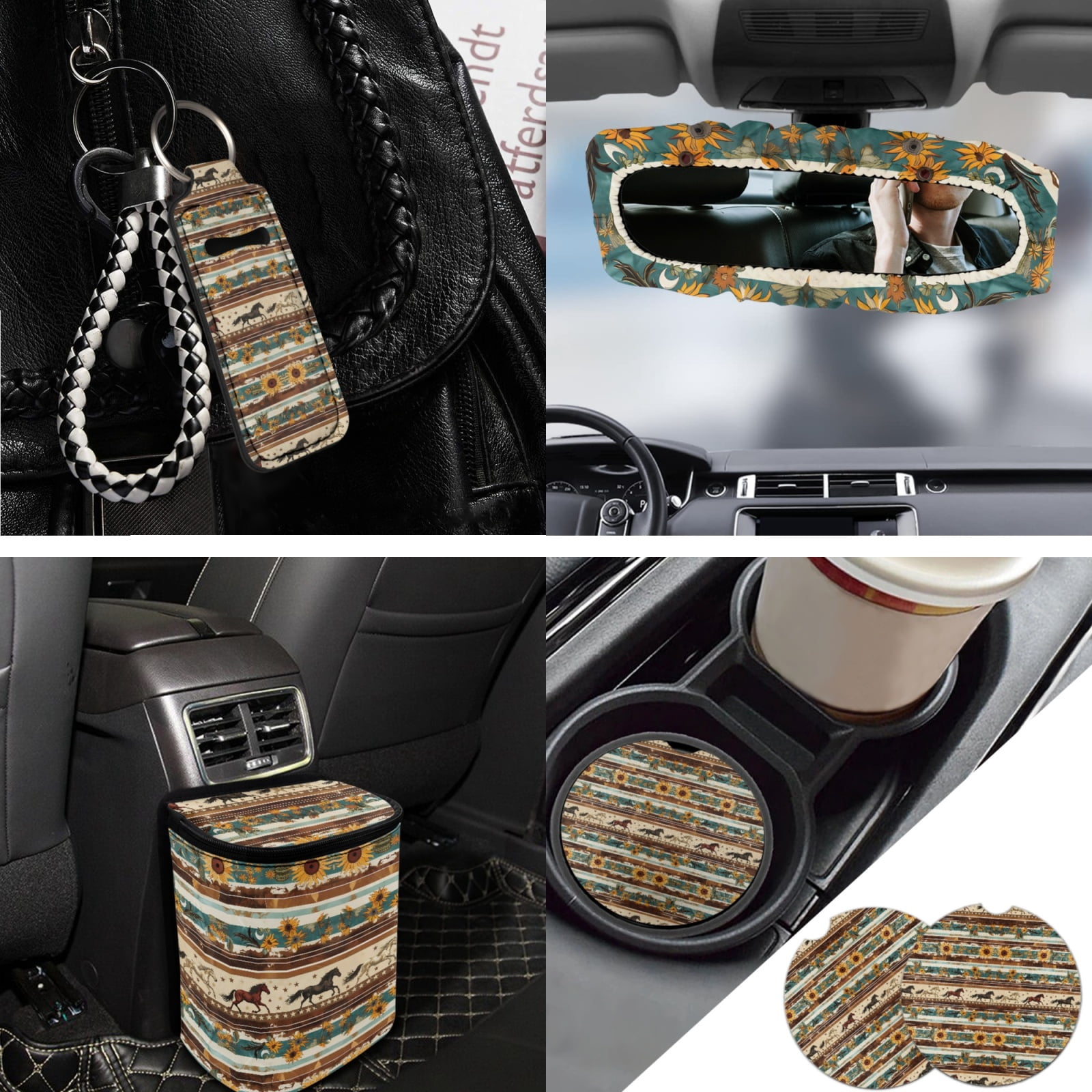 Jeiento Aztec African Car Seat Covers Full Set Car Steering Wheel Accessories Tribal Horse Car Seat Belt Cover Auto Rear View Mirror Cover Car Trash Bin Car Coasters Keychain Chapstick Holder