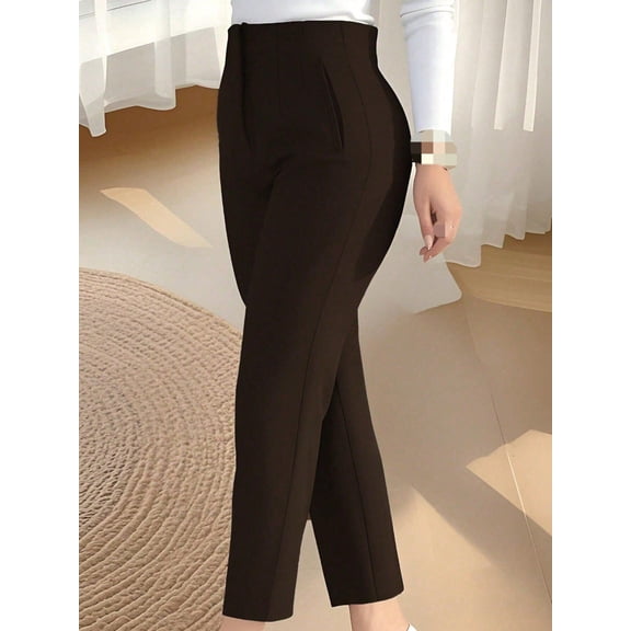 Women's Autumn Waist-Cinched Slim-Fit Ankle-Length Commuter Pants, Knitted Fabric, Fitted Cropped Pants With Zipper And Pockets, Medium Stretch, Perfect For Autumn/Winter Season, Navy Blue, Back To