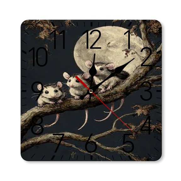 RKSupls 10×10inch Square Silent Wall Clock Wooden Frame, Possums Moon Tree Scale Decorative Clock for Home Bedroom Living Room Office