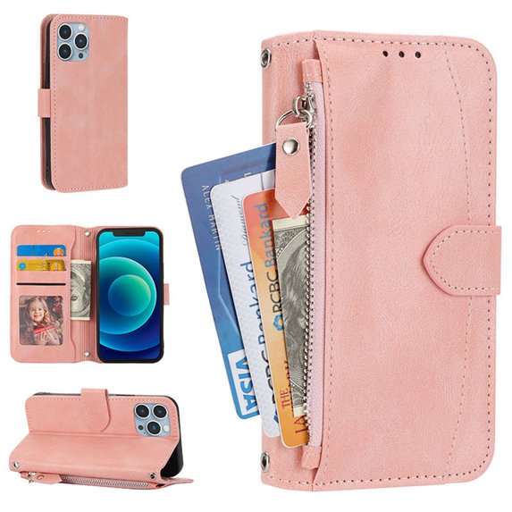 Allytech CrossBody Wallet Case for iPhone 13 Pro,Shoulder Strap + Wristlet Card Holder Kickstand Magnetic Folio Closure Zipper Flip Pouch PU Leather Case for iPhone 13 Pro, Pink