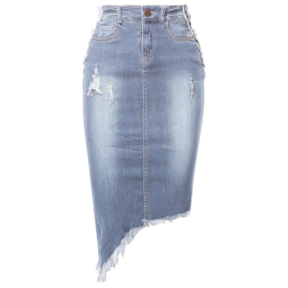 A2Y Women's Slim Fit Rayon Knee Length Unhem Asymmetric Denim Jean Pencil Skirt Light Wash L