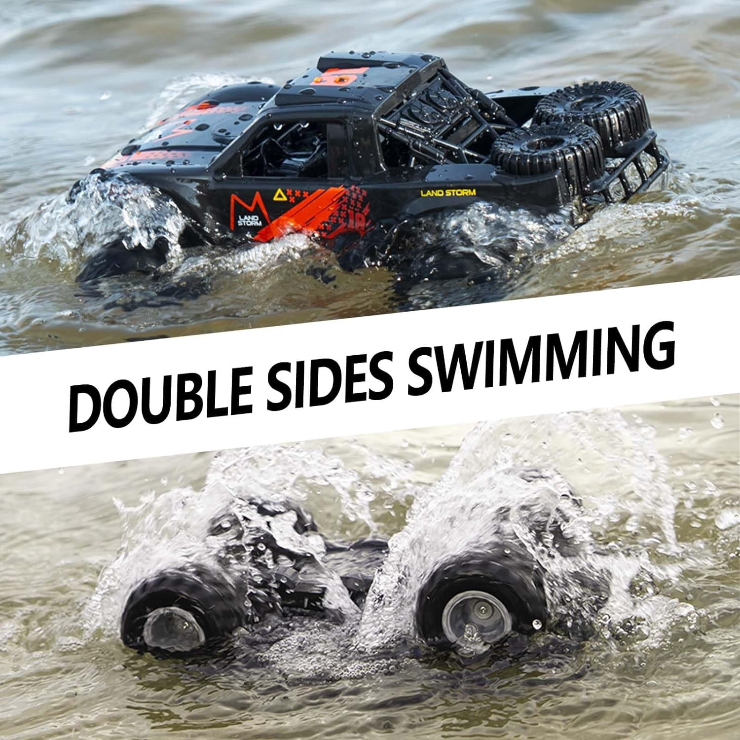 Amphibious Remote Control Car Truck Toys, 1:16 All Terrain 4WD Off-Road RC Car Waterproof, Monster Truck for Boys, Kids Pool Toys Gifts, 2 Batteries