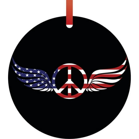 - Flag US Patriotic American Angel Wings Peace Symbol Round Shaped Flat Semigloss Aluminum Christmas Ornament Tree Decoration