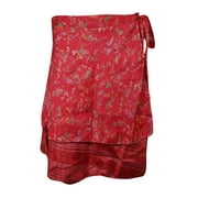 Mogul Magic Wrap Skirt Vintage 2 Layer Printed Silk Sari Red Cover Up Wrap Skirts
