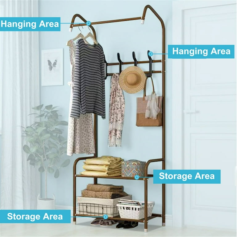 3 in 1 Entryway Coat Rack Stand with 2 Shelves Storage Hall Tree Shoe Rack Metal Coat Hanger Bedroom Bathroom Hallway Storage Shelf Organizer 27 14 67