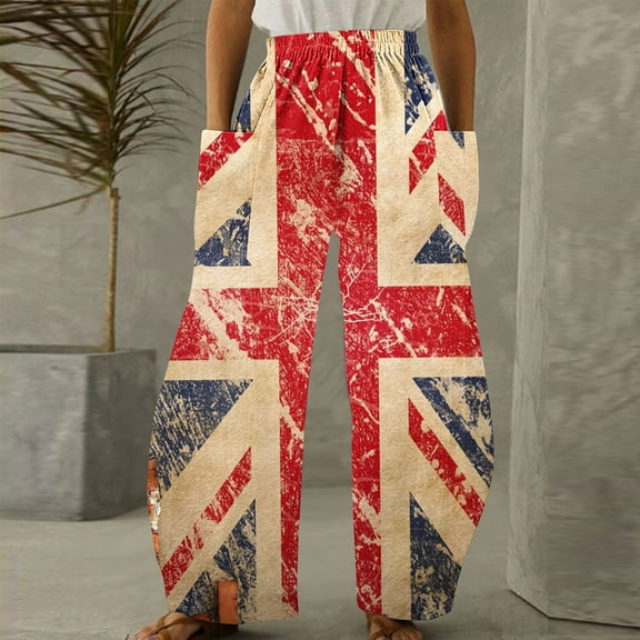 WXLWZYWL British Flag Pants Women Casual Loose Pants Sweatpants Elastic Waist with Pockets