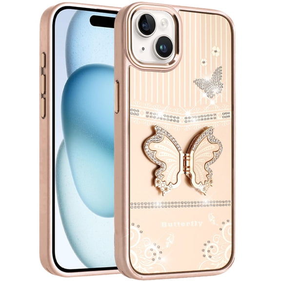 For Apple iPhone 15 (6.1") Glitter Butterfly Case with 3D Stand Sparkle Hybrid Metallic Edges Protective Phone Cover Slim Fit [Gold]