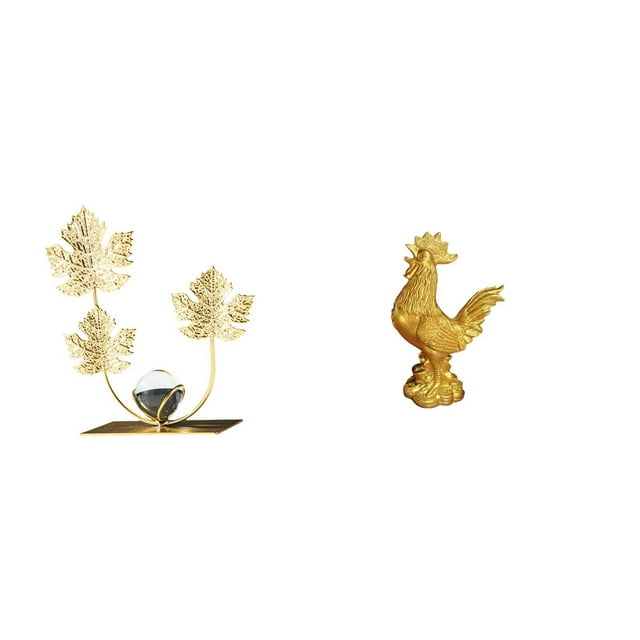 Figura decorativa de pollo con hojas, escultura de resina de hierro, adorno único para estante, mesa o armario, base estable.