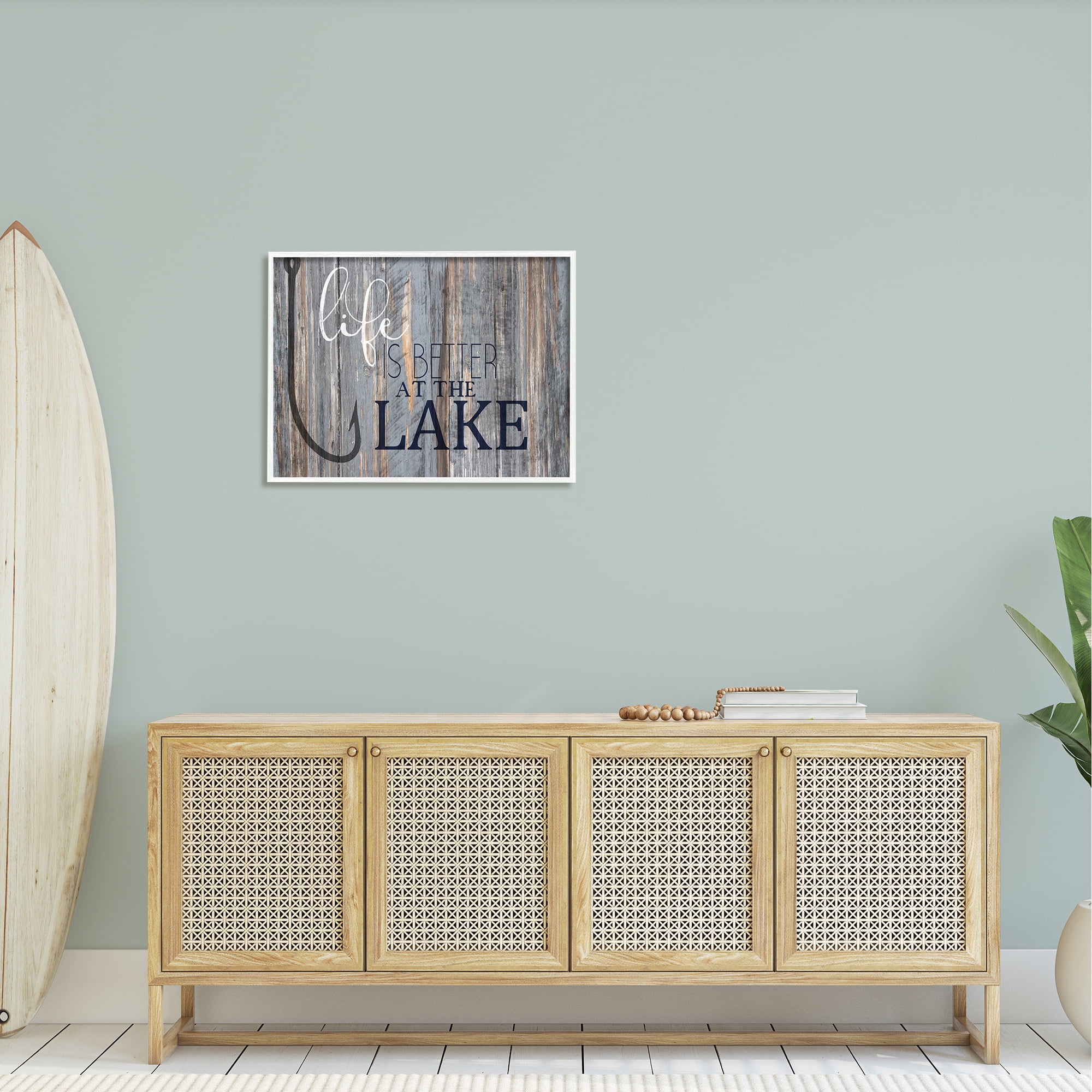 Stupell Industries Life Better Lake Quote Fish Lakehouse Cabin Nautical Phrase Graphic Art Framed Art Print Wall Art, 30x24, By Kim Allen