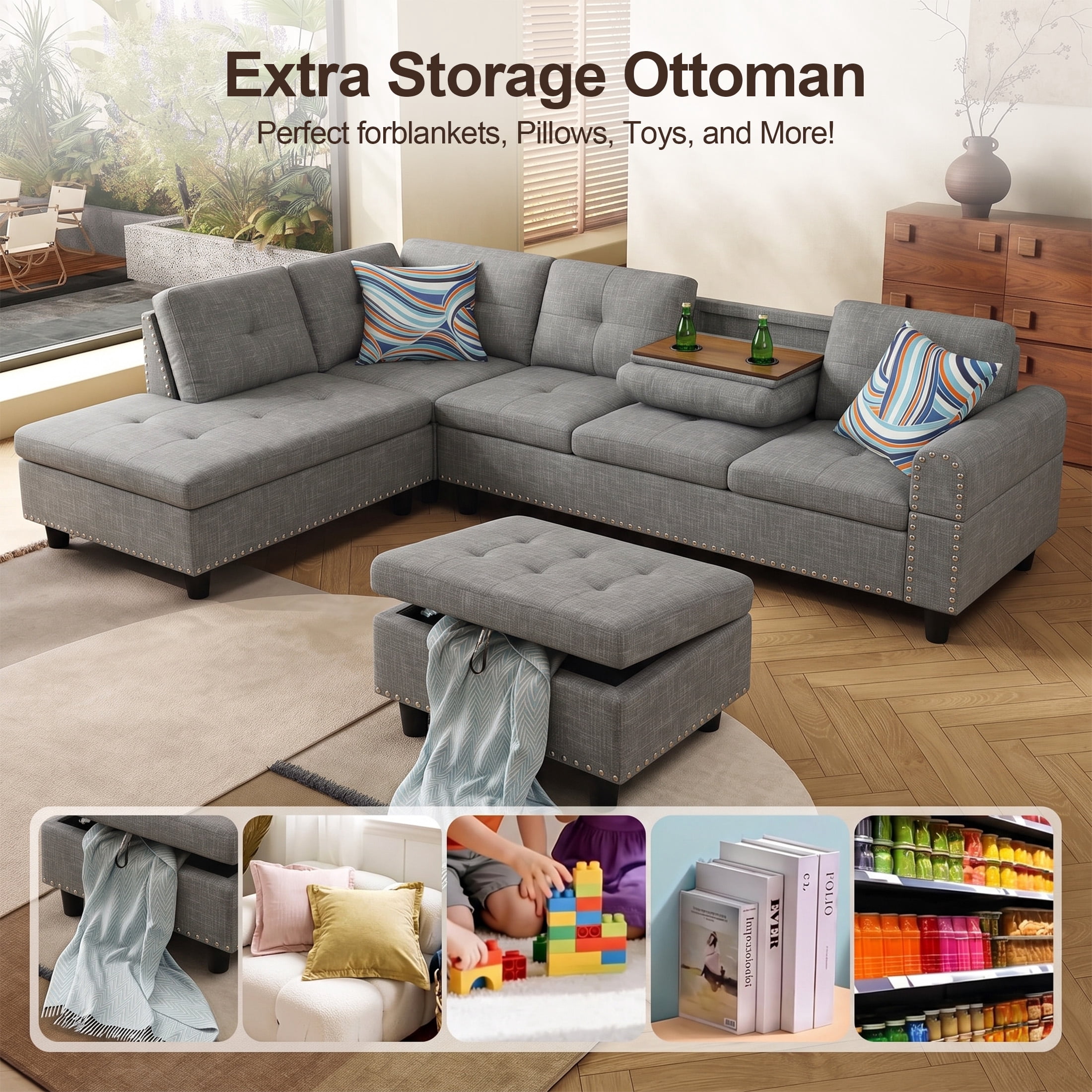 AENKYO 98" L-Shaped Sectional Sofa with Reversible Chaise, Storage Ottoman & Cup Holders, Linen, Gray