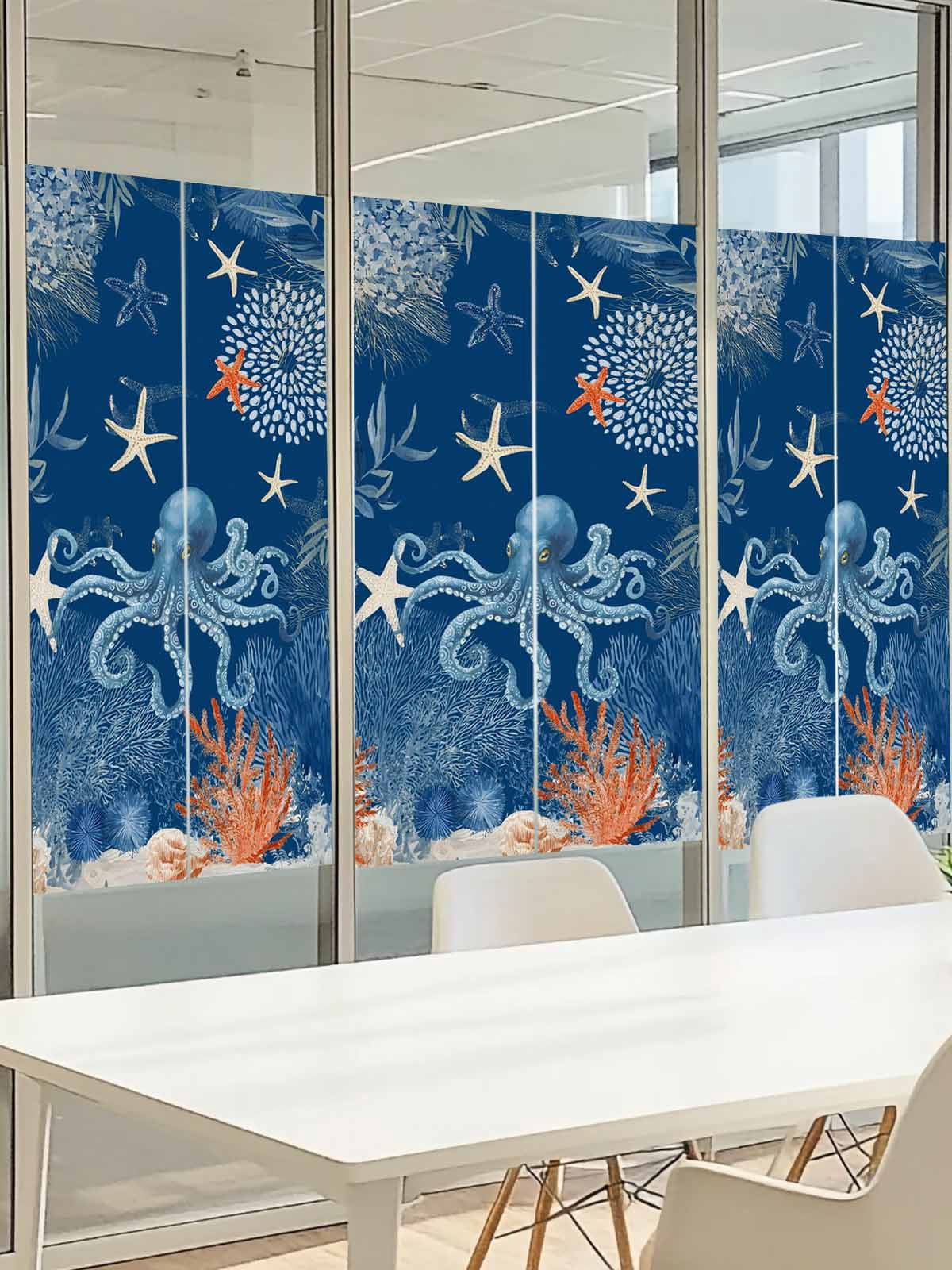 Ocean Octopus Window Privacy Film, Summer Orange Blue Sea Animal Corals Dark Blue Frosted Glass Window Clings Static Cling UV Heat Blocking Reusable Door Sticker for Bathroom 29.5 x 118 Inch