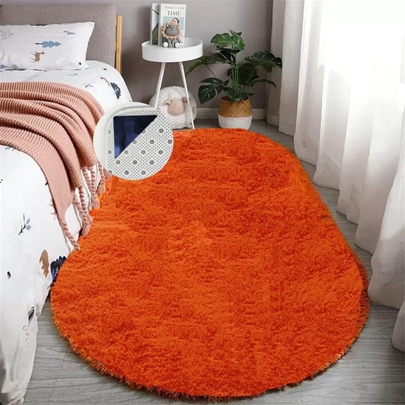 WEXIA Orange Shaggy Area Rug Oval 2.6 x 5.2ft Soft Plush Furry Non-Slip Backing for Bedroom Floor Mat Modern