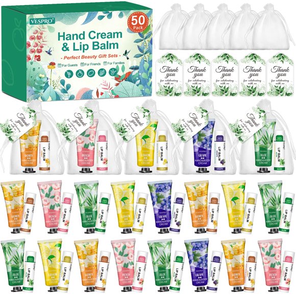 Set de regalo de crema de manos y bálsamo labial VESPRO con tarjeta de agradecimiento, 50 unidades