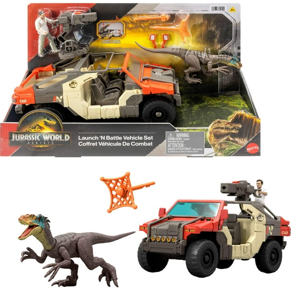 Jurassic World Rebirth Launch ‘N Battle Vehicle with 1 Human & 1 Raptor Figure, Turret & Projectiles